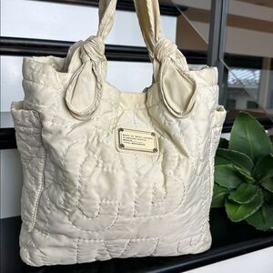 Marc Jacobs Cream Quilted Tote Bag, Magnetic Closure Easy-Clean Fabric Spacious
